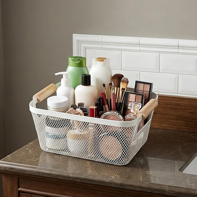2-Pack Metal Mesh Basket, Small Wire Storage Organizer with Wood Handle for Kitchen Pantry, Bathroom, Cabinet, Closet, Picnic & Home Organization, Small, White
