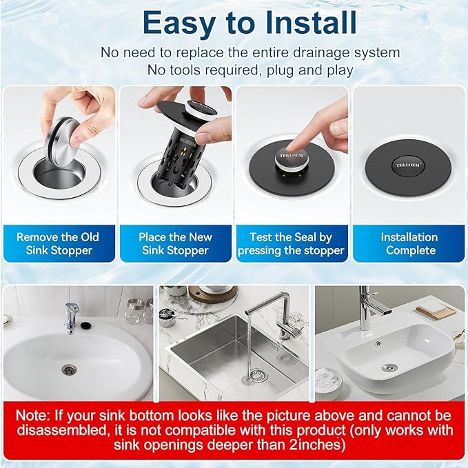Bathroom Sink Stopper,All Metal Pop-Up Sink Drain Strainer with Removable Stainless Steel Filter Basket, Universal Bathroom Hair Catcher Fit for 1.1-2.36'' Drain (Black, 2 Pack)