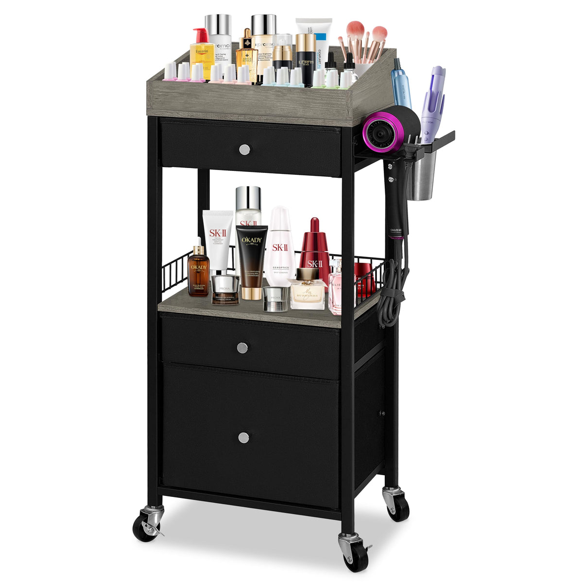 Makeup Organizer Cart, 3 Drawers, Rolling Storage, Black & Gray - Image 1