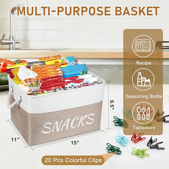 Snack Organizer for Pantry, Decorative Snack Basket with 10pcs Chip Clips, Snack Organizer for Desktop, Collapsible Snack Storage Basket Shelf, Office, Kitchen and More (Beige, Medium-2 Pack)
