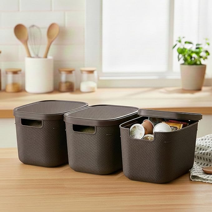 BINO | Plastic Storage Bins with Lids, 5.5 Liter - 3 Pack, Dark Brown | THE TWILL COLLECTION | Plastic Bins for Organization | Woven Storage Baskets for Organizing | Pantry Shelf Organizer Basket Bin