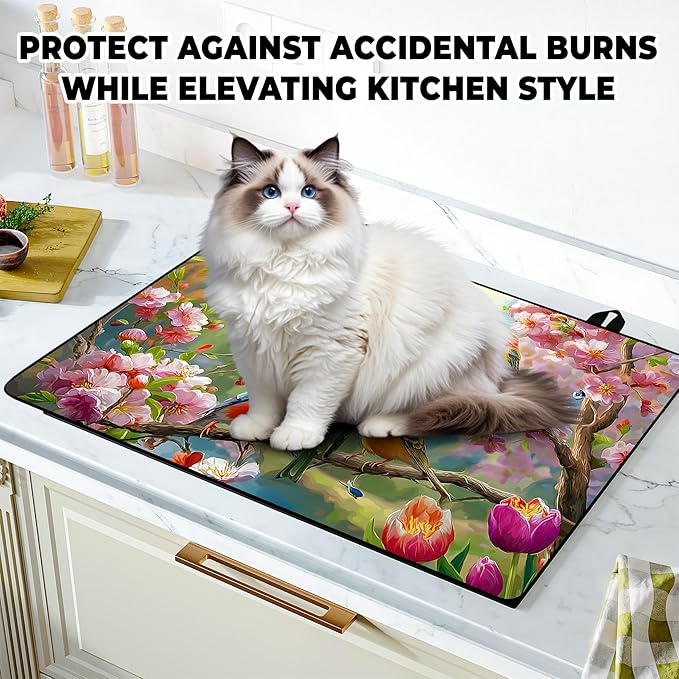 Happy Easter Stove Top Cover Flower Eggs Cute Rabbit Gas Stove Top Cover for Home Decoration Kitchen St. Patrick Day Pad Non-Stick Washable Cooktop Covers Countertop Protector (bird, 28" x 20")