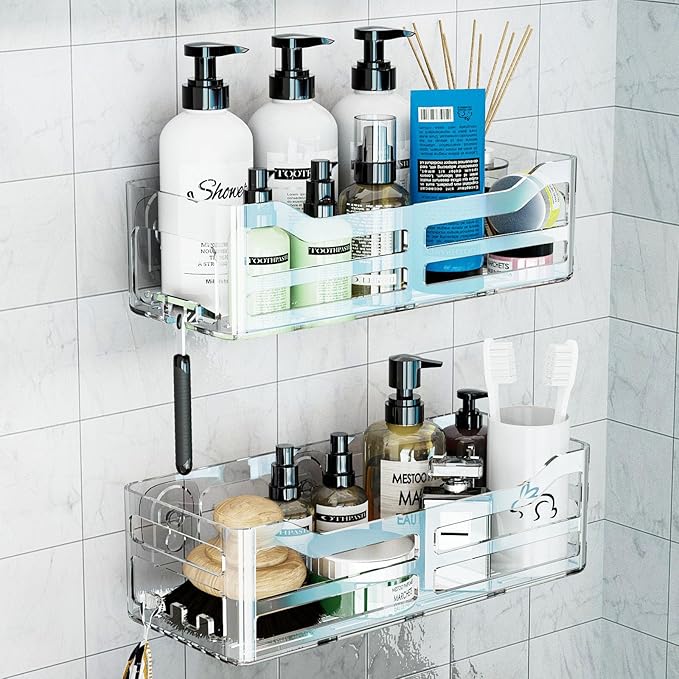 JiePai Acrylic Shower Caddy, Clear Wall Mounted Bathroom Organizer with Hooks, No-Drill Adhesive Shower Shelf for Shampoo, Soap & Toiletries, Waterproof Rustproof, 2 Pack