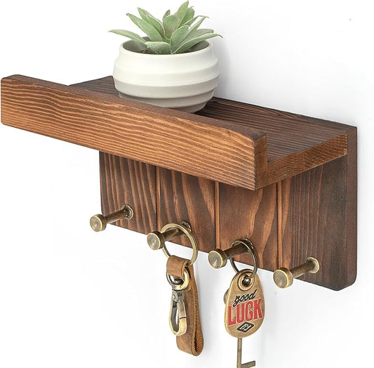Rebee Vision Pine Wood Farmhouse Key Holder Wall Mount - Small Key Holder for Wall with 4 Hooks & Floating Shelf - Rustic Letter Holder for Home Decor as Home Essentials (Retro Brown)
