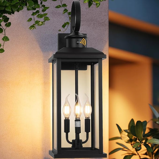 24" Dusk to Dawn Porch Lights Outdoor 3-Light, Black Modern Large Wall Light Fixture Lantern, Waterproof Exterior Lighting Sconce Wall Mount, Outside Lamp for Farmhouse Doorway Patio E12