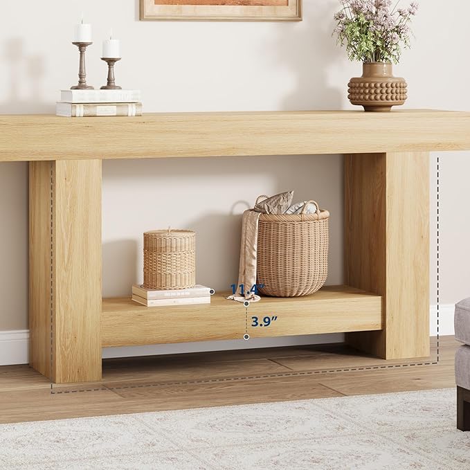 Garvee 63" Farmhouse Console Table with 2 Tiers and Storage – Large Wooden Sofa Table for Entryway, Hallway and Living Room