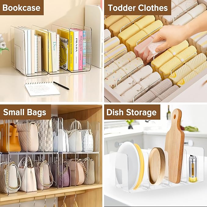 Purse Organizer for Closet, 2 Pack Fixed-Height Shelf Dividers – Clear Acrylic Handbag Organizer & Bag Organizer Set for Purse Storage, Closet Organization & Bookshelf Separation