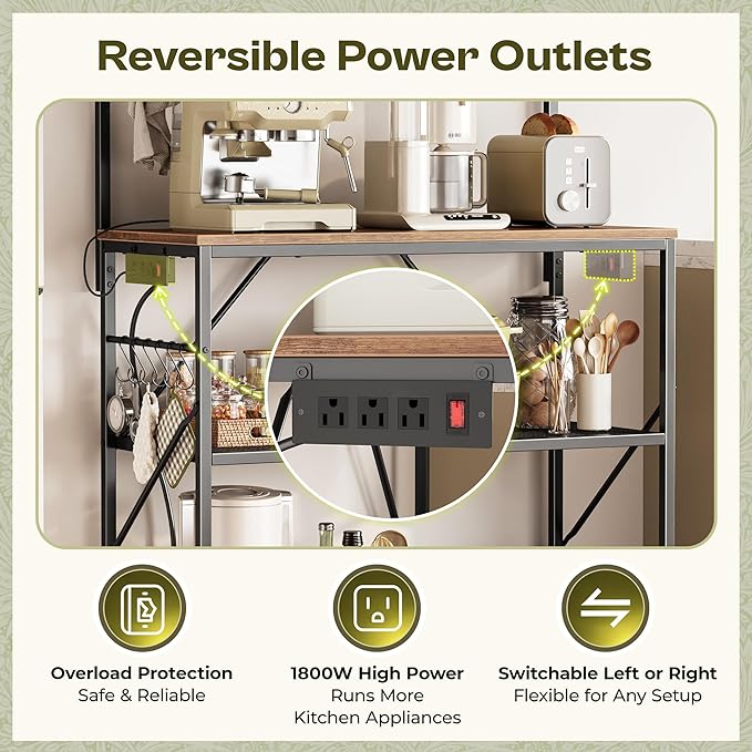 Huuger 4-Tier Bakers Rack with Reversible Power Outlet, 31.5 Inch Microwave Stand with Paper Towel Holder, Kitchen Bar, Larger Storage with Top Shelf, 6 S Hooks, Rustic Brown