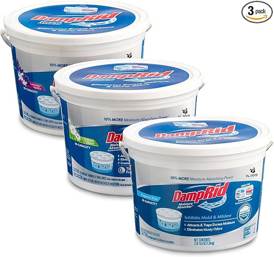 DampRid Hi-Capacity Moisture Absorber Damp Rid Bucket - 3 Pack (2 lb. each) Fragrance Free, Fresh Scent, Lavender Vanilla - Attracts & Traps Excess Moisture. Packed By ILIOS