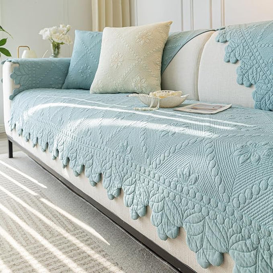 Cotton Quilted Dog Couch Cover for Sofa Farmhouse Rustic Embroidery Sectional Couch Cover Soft Anti-Slip Sofa Slipcover Furniture Protector for Kids, Pets (Blue,43"x94")