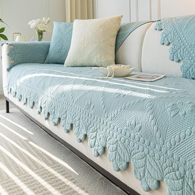 Cotton Quilted Dog Couch Cover for Sofa Farmhouse Rustic Embroidery Sectional Couch Cover Soft Anti-Slip Sofa Slipcover Furniture Protector for Kids, Pets (Blue,28"x35")