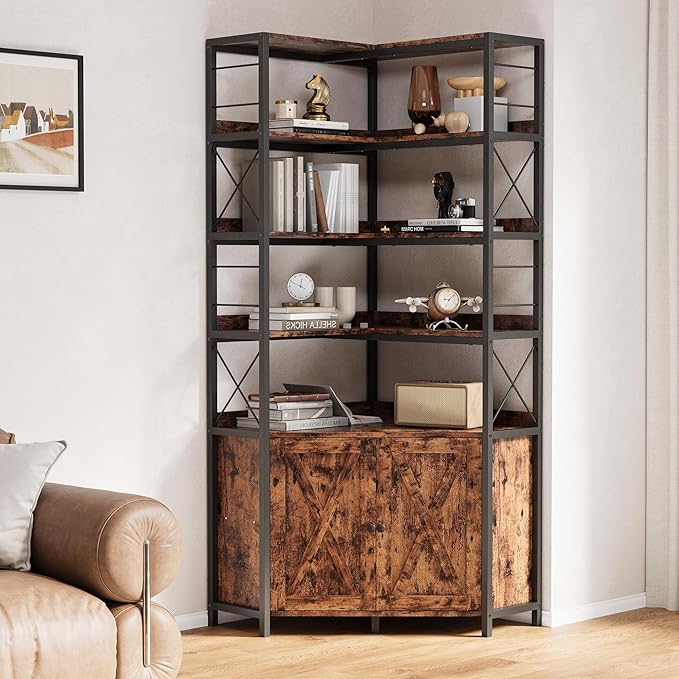 IRONCK Bookshelves 6 Tiers, Corner Bookshelf with Baffles, Bookshelves and Bookcases with Doors, Industrial Display Bookshelf for Living Room, Kitchen