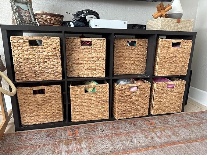 10.5x10.5'' Set of 3 Cube Storage Baskets, Natural Water Hyacinth Multipurpose Collapsible Organizers, Woven Laundry Totes for Laundry, Storage Cubes,Wicker Baskets Laundry Organizer Totes for Home
