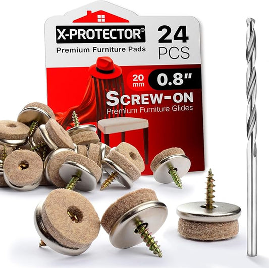 Screw-On Felt Pads X-Protector – 24 Felt Chair Pads for Hardwood Floors 0.8" – Premium Chair Glides – Beige Floor Protectors for Furniture Legs – The Best Furniture Sliders for Hardwood Floors