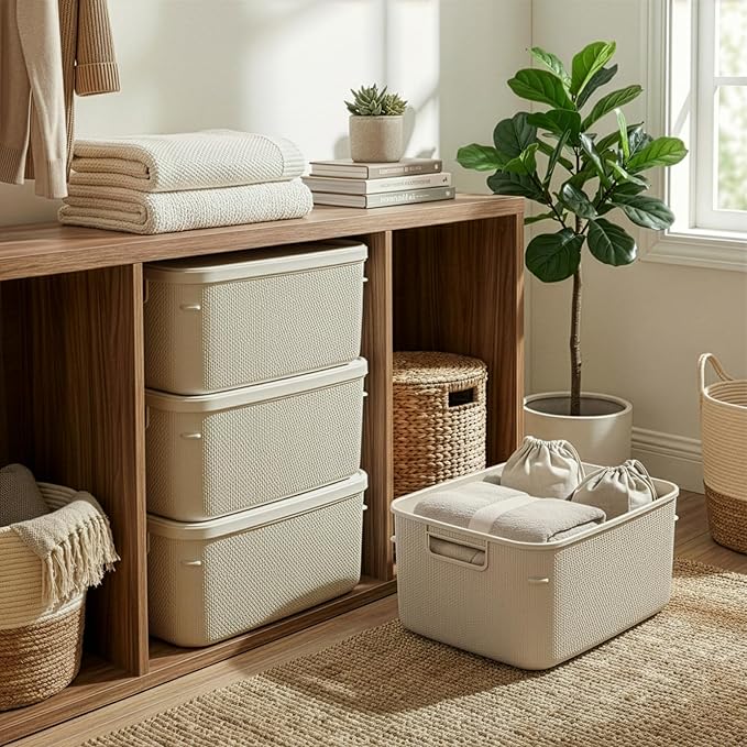 BINO | Plastic Storage Bins with Lids, 13 Liter - 3 Pack, Taupe | THE TWILL COLLECTION | Plastic Bins for Organization | Woven Storage Baskets for Organizing | Pantry Shelf Organizer Basket Bin