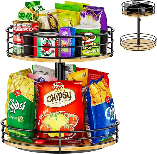 2-Tier Rotating Snack Organizer - Height Adjustable Lazy Susan Turntable for Kitchen Countertop, Black