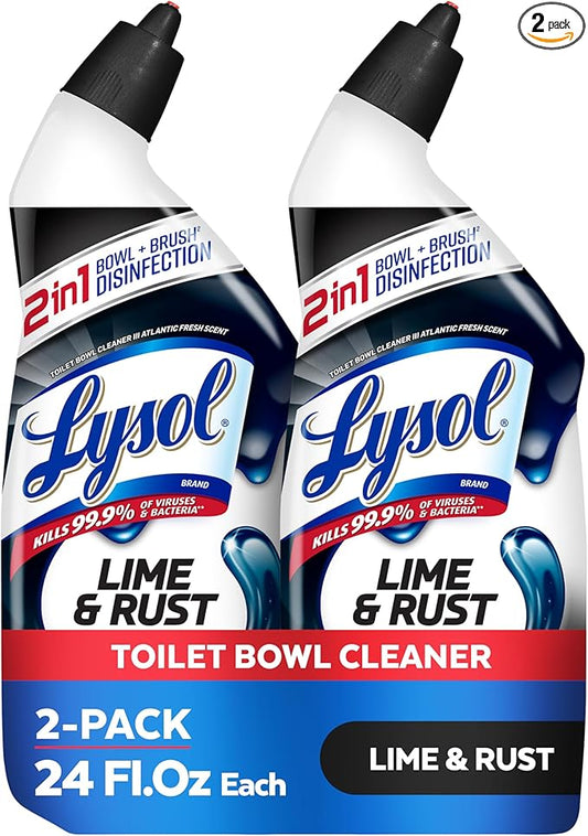 Lysol Lime & Rust Toilet Bowl Cleaner Liquid, For Limescale, Rust & Hard Water Stains, Septic Safe, Clinging Gel, Disinfects, Sanitizes & Deodorizes, Bathroom Cleaning Supplies, 24oz (2 Pack)