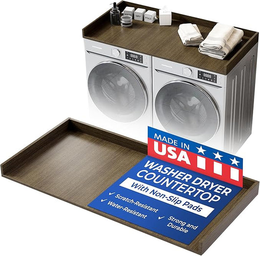 OfficeSimpli Washer Dryer Countertop, Made in USA, Non-Slip Pads, Easy Clean, Laundry Room Essentials and Decor, Washer Dryer Wood Top for Organization (Tenino Grey, Standard (27.5" x 54"))