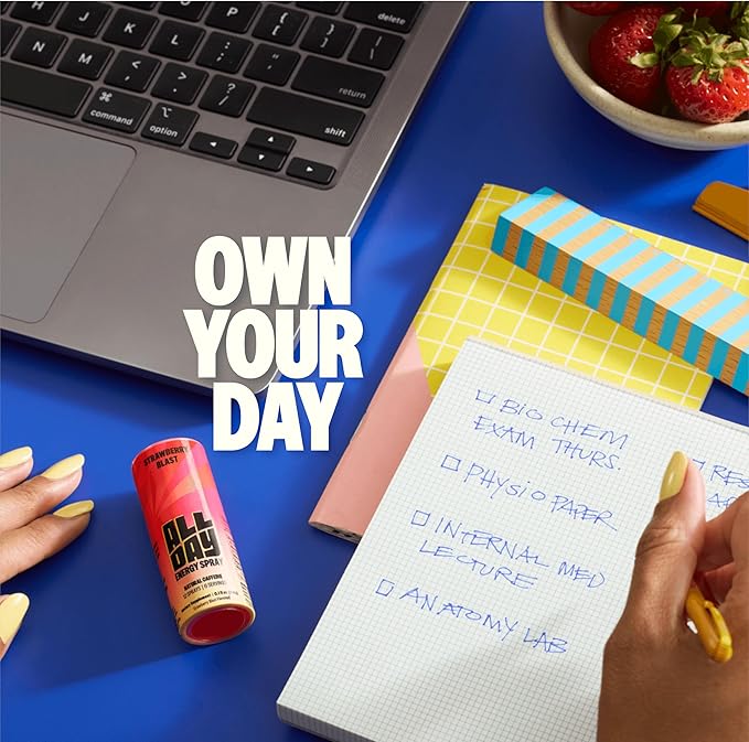 ALLDAY Focus + Energy Spray | Natural Caffeine + L-Theanine + Essential Vitamins | 0 Calorie, 0 Sugar | 12 Spray Bottle | Faster, Cleaner, Smoother Energy (4 Pack Strawberry)