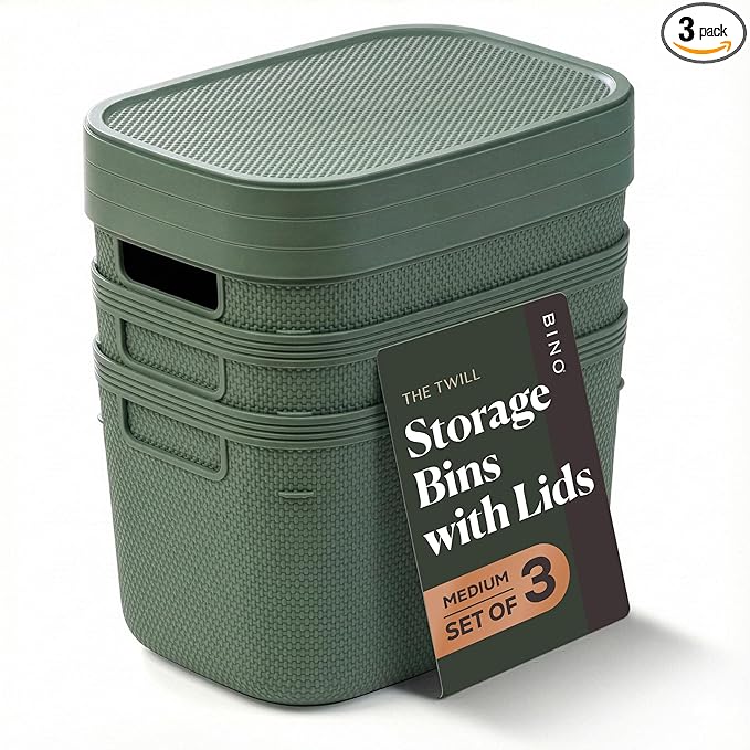 BINO | Plastic Storage Bins with Lids, 5.5 Liter - 3 Pack, Desert Green | THE TWILL COLLECTION | Plastic Bins for Organization | Woven Storage Baskets for Organizing Pantry Shelf Organizer Basket Bin