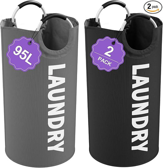 2Pcs Large Laundry Hamper for Adult, 95L Folding Clothes Basket with Handles, Dirty Clothes Hampers for Bedroom, Stand-alone Laundry Bin for Family, Hotel, Dorm, Grey/Black