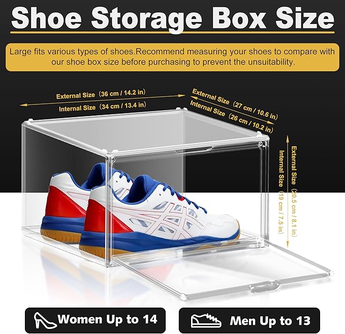 12 Pack Plastic Shoe Storage Boxes Fit US Size 13, Clear Stackable Shoe Display Case with Acrylic Magnetic Side Door, Shoe Containers for Sneaker Storage, Hats, Figure, Collectible