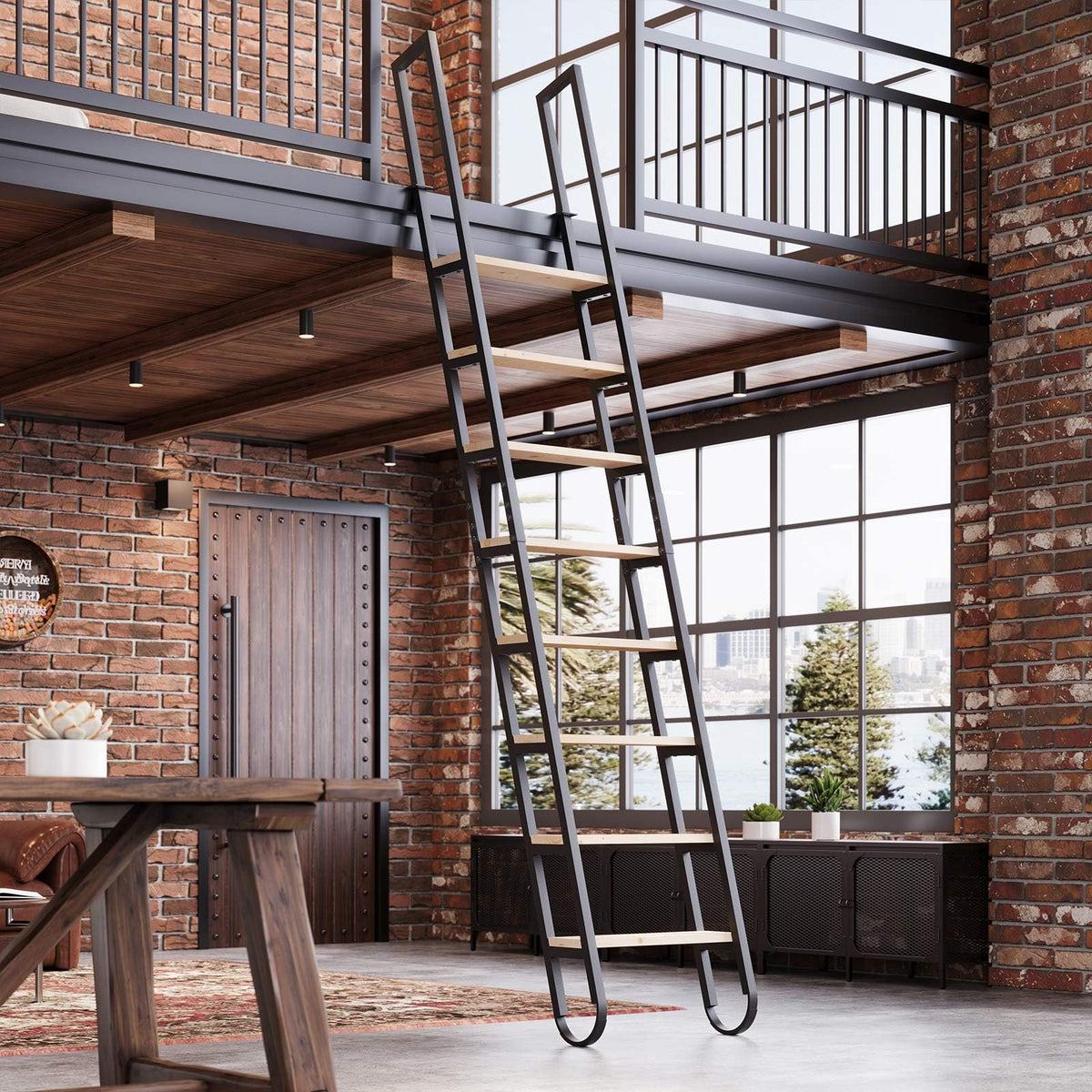 10.35FT Industrial Style Loft Ladder, 8 Steps with Black - Image 1
