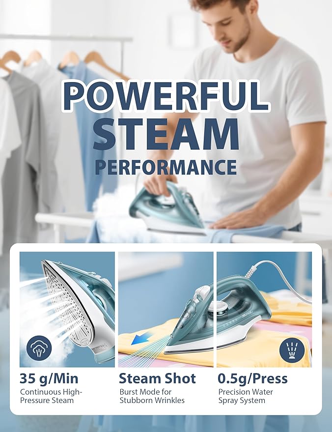 Sundu Burst steam Iron for Clothes - 1500W Iron with Ceramic Coated Soleplate, Rapid Heating, Self-Cleaning, Auto-Off, 11.84oz Water Tank, Precise Thermostat, Home Use Green