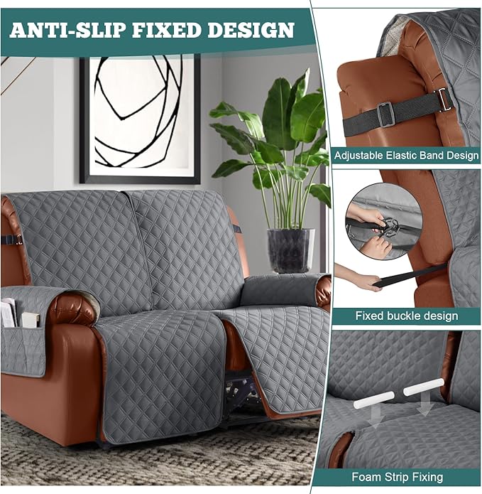Ruaozz Waterproof Recliner Sofa Covers, 1-Piece Couch Covers for Reclining Couches Reclining Couch Cover Washable Furniture Protector with Elastic Straps Pocket for Kids Pets (Dark Grey, 2 Seater)