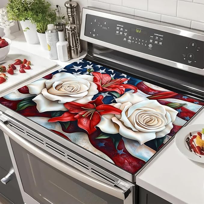 Stove Top Cover for Electric 28x20 Inch American Flag Rose Lily Kitchen Mat Heat Resistant Stovetop Cover Pad Countertop Protector for Electric Glass Cooktop Patriotic Kitchen Decor