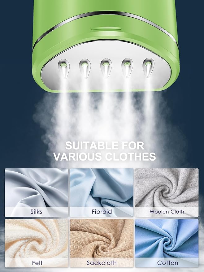 Reemix Portable Garment Steamer, Powerful Foldable Handhled Steamer 1300W, Travel Size Steamer For Clothes 20S Fast Heat-up, Fabric Steamer for Home & Travel, 120V Only (Green)