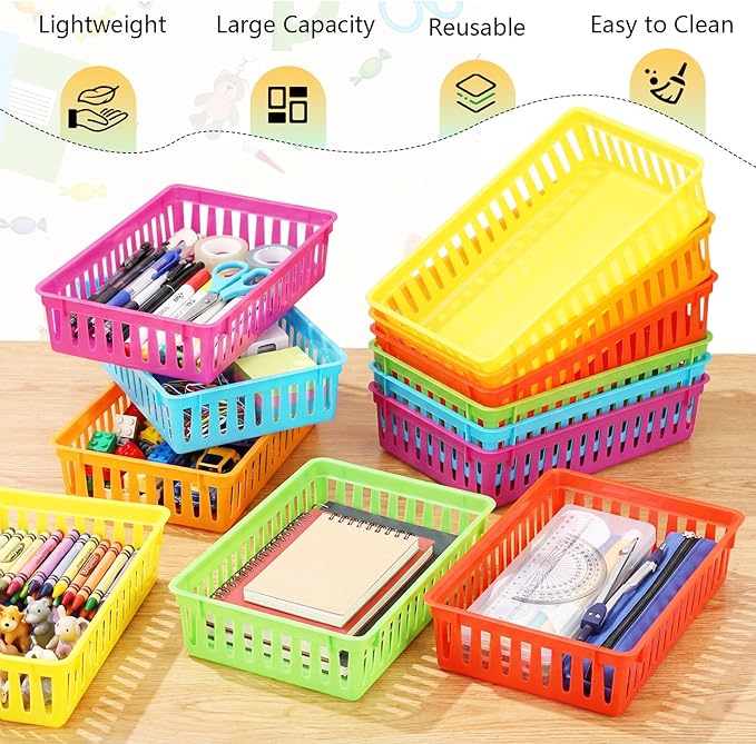 Wenqik Set of 12 Small Plastic Baskets for Organizing 10.24 x 6.5 x 2.36 Inch Pharmacy Baskets Rectangular Trays Plastic Organizer for Office Pharmacy Dorm Kitchens, Closets Shelves(Colorful)