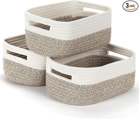 Bidtakay Small Cotton Rope Storage Baskets for Organizing 3 Pack Woven Baskets for Storage Closet Organizer Bins for Shleves 11.8×7.8×5 inch Cute Boho Decorative Basket with Handles - White&Tan