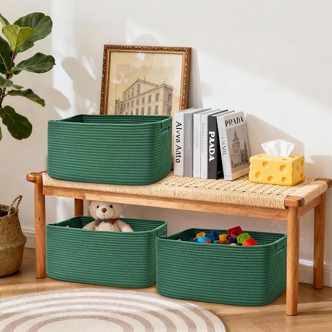 4 Pack Large Storage Basket for Organizing, 17.5"x13"x7" Woven Basket for Shelves, Closet Cube Storage Bins with Wrapped Handle, Cotton Rope Baskets for Kitchen, Clothes, Toys(Green)