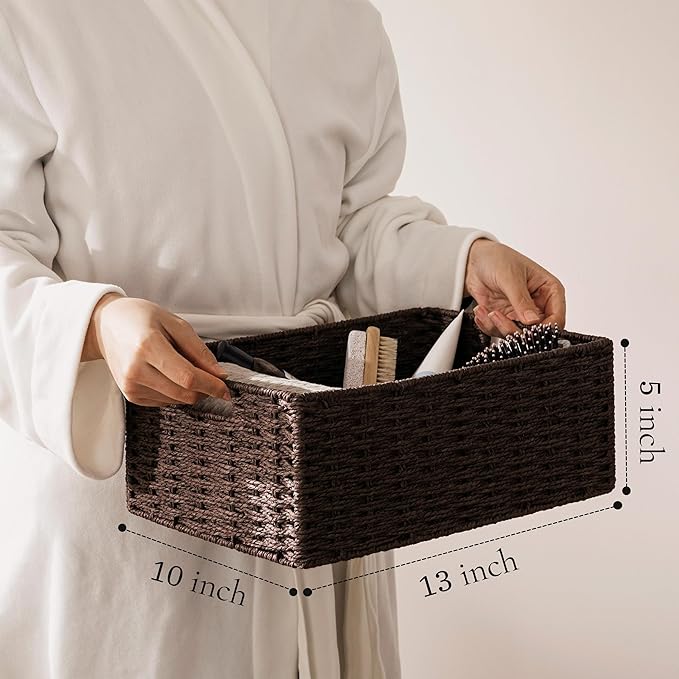 joybest Wicker Baskets, Woven Paper Rope Storage Baskets for Organizing, Foldable Rectangular Storage Organizer Bins for Shelves with Built-in Handles 13L x 10W x 5H inch, 2-pack Dark Brown
