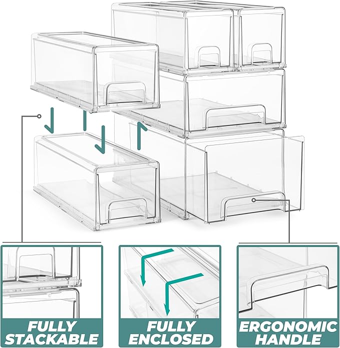 Sorbus 1 Large and 2 Small Clear Stackable Storage Drawers, Plastic Storage Drawers with Handles, Craft, Clothes, Medicine, Makeup, Closet, Art Supply, Bathroom, Shoe, Toy Storage Organizer (3 Pack)