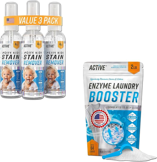 ACTIVE Messy Kids Stain Remover and Enzyme Laundry Booster - Includes 12oz Kids Stain Removal Spray and 2LB Enzyme Laundry Booster Powder