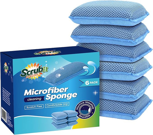 Miracle Microfiber Kitchen Sponge by Scrub-It (6 Pack) - Non-Scratch Heavy Duty Dishwashing Cleaning sponges- Machine Washable - (Blue)