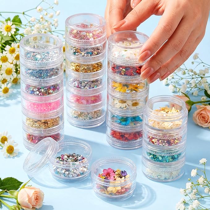 4 Sets 6 Layer Stackable Plastic Containers, 10G/10ML Clear Cosmetic Storage Box Round Organizer Jars for Beads, Buttons, Small Jewelry Findings