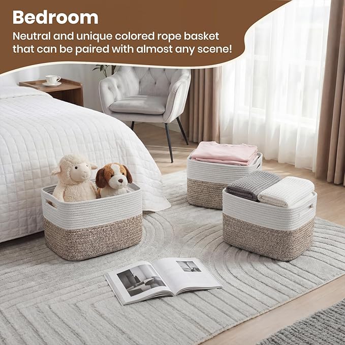 Storage Baskets for Organizing, 14 x 10 x 9” Closet Shelf Woven Baskets, Square Bins with Handles, Cotton Rope Basket for Toys, Clothes, Office, Room, White+Dark brown 1 Pack