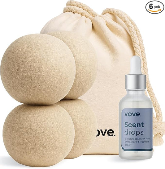 Vove Natural Hemp Dryer Balls Kit with Scent Drops - 4 Pack & Essential Oil Blend - 5X More Absorbent Than Wool - Natural Softener, Reduces Wrinkles and Static, Customizable Fresh Scent, Reusable