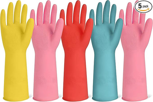 Rubber Cleaning Gloves for Dishwashing-5 Pairs Colorful Reusable Household Cleaning Glove for Washing Dishes and Kitchen Cleaning Non-Slip Grip Dish Gloves for Women Men (Small)