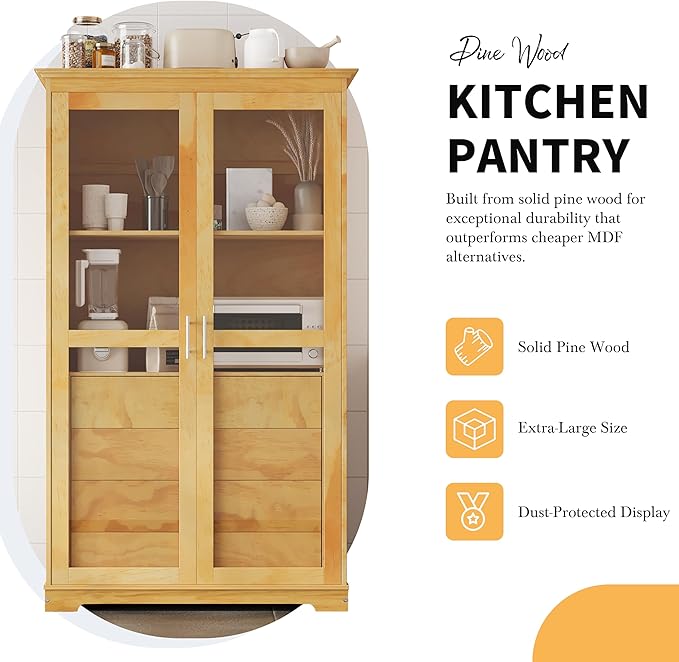 Kitchen Pantry Cabinet 44.7Wx20Dx75H inch, Freestanding Storage Display Cabinets with Glass Doors and 4 Built-in Drawers for Living Room, Home Office,Natural