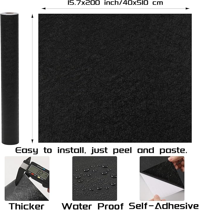 Peel and Stick Wallpaper Black Silk Wall Paper - 15.7 x 200 Inch Self Adhesive Wallpaper Peel and Stick, Easy to Paste Wall Contact Paper for Stand Liner, Table and Door Makeover Decor