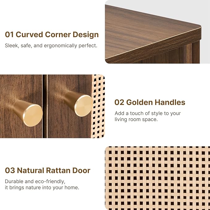 Rattan Sideboard Buffet Cabinet 2 Door Boho Kitchen Storage Cabinet Accent Console for Living Room, Hallway, Kitchen, Sideboard, Buffet Table Walnut