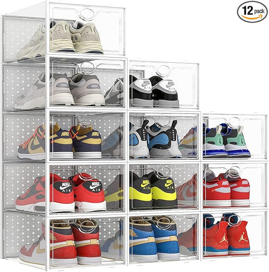 Pinkpum XXL Larger Shoe Storage Boxes Fit Size 14, Clear Plastic Stackable Shoe Organizer 12 Pack Sneaker Storage for Sneakerheads Shoe Containers