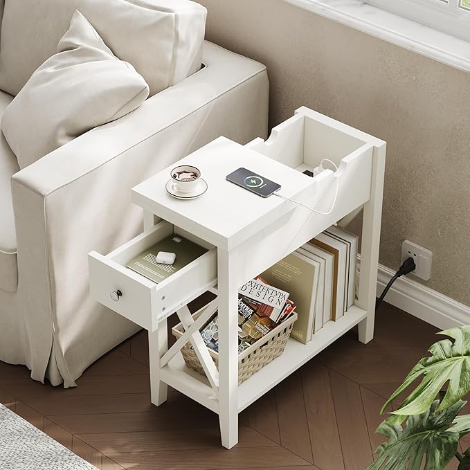 ChooChoo End Table with Charging Station, Narrow Side Table with USB Ports and Outlets, Nightstand with Drawer, for Small Spaces, Bedside Tables for Living Room, White