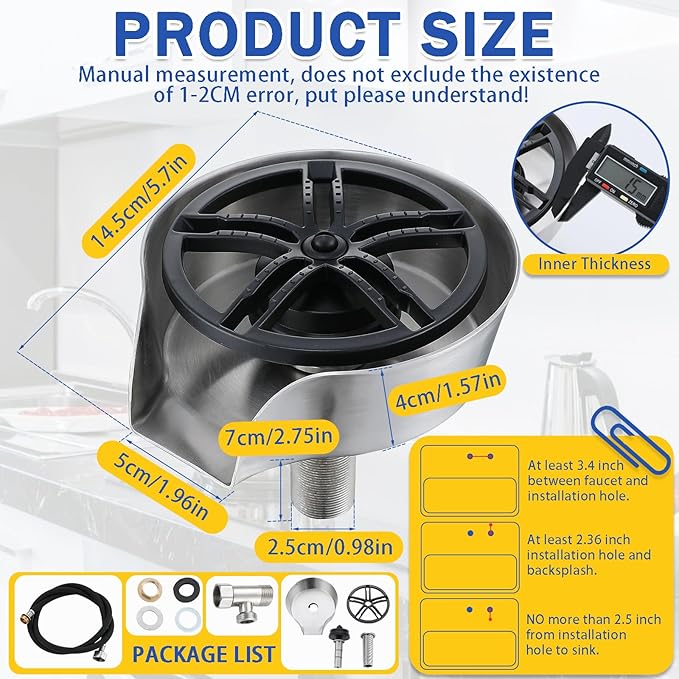 Glass Rinser and Cup Washer for Sink, 360° Rotating Spray Nozzle with Pull-Out Design, Bottle Cleaner - Tilted Base Prevents Splashing, Kitchen Sink Accessories for Home & Bar (Easy Install-Black)