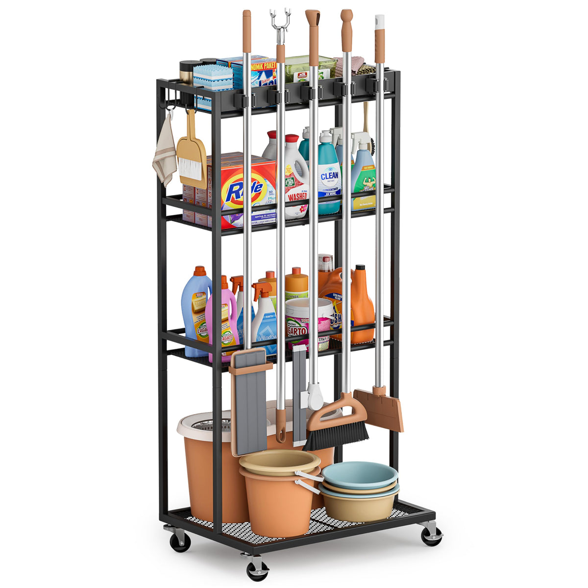 Taller Broom Holder with Cleaning Supplies Organizer - Image 1