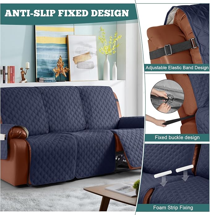 Ruaozz Waterproof Recliner Couch Covers, Sofa Slipcovers Washable 1-Piece Recliner Covers Non-Slip Furniture Protector with Elastic Straps Pocket for Kids Pets(Dark Blue, 3 Seater)